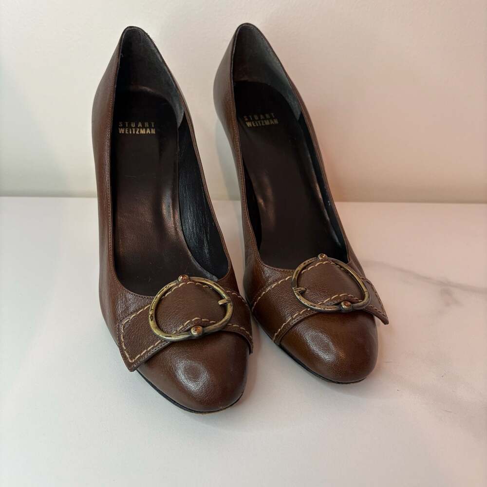Stuart Weitzman Women's Brown Leather Pumps with Buckle Accent and Block Heel
